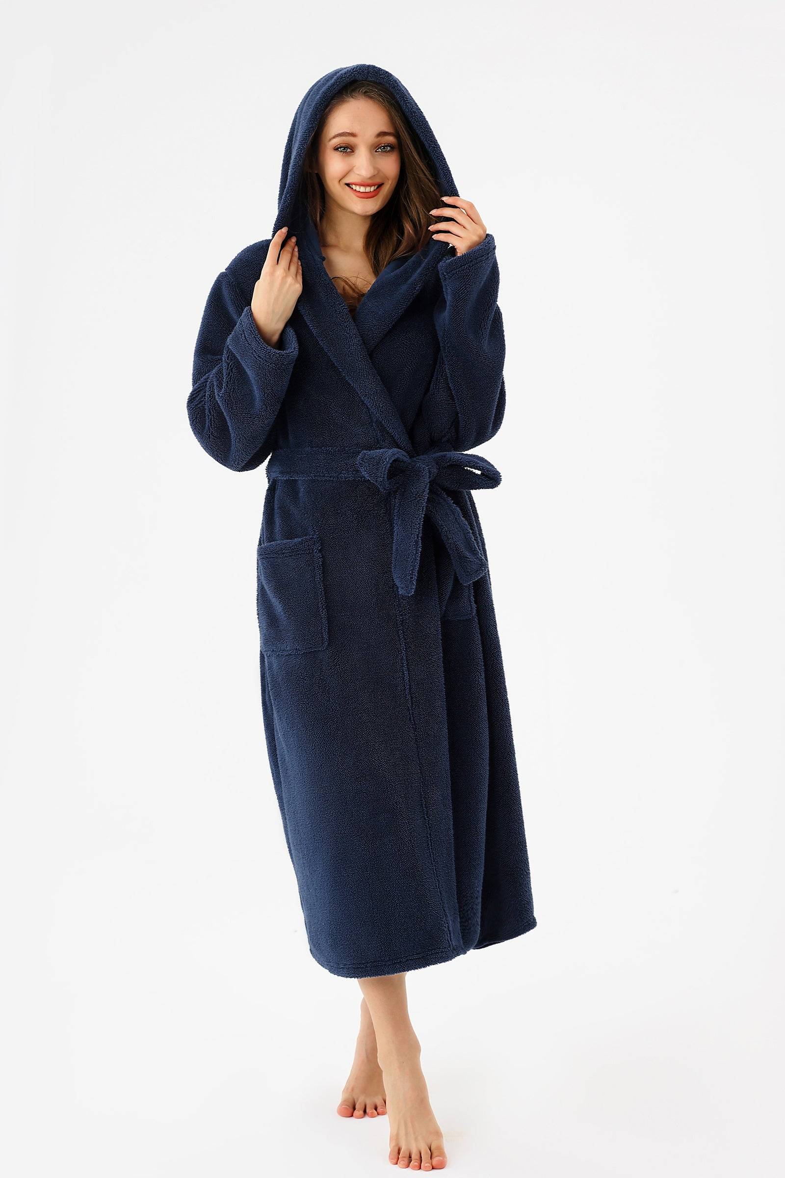 Womens Robe Long Hooded Plush Fleece Bathrobe with Pockets