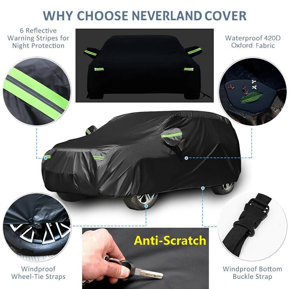 Premium Black Car Cover with Reflective Safety Strip, 190T Silvery-Coated Fabric for Sun Protection, Fits SUVs up to 190 Inches