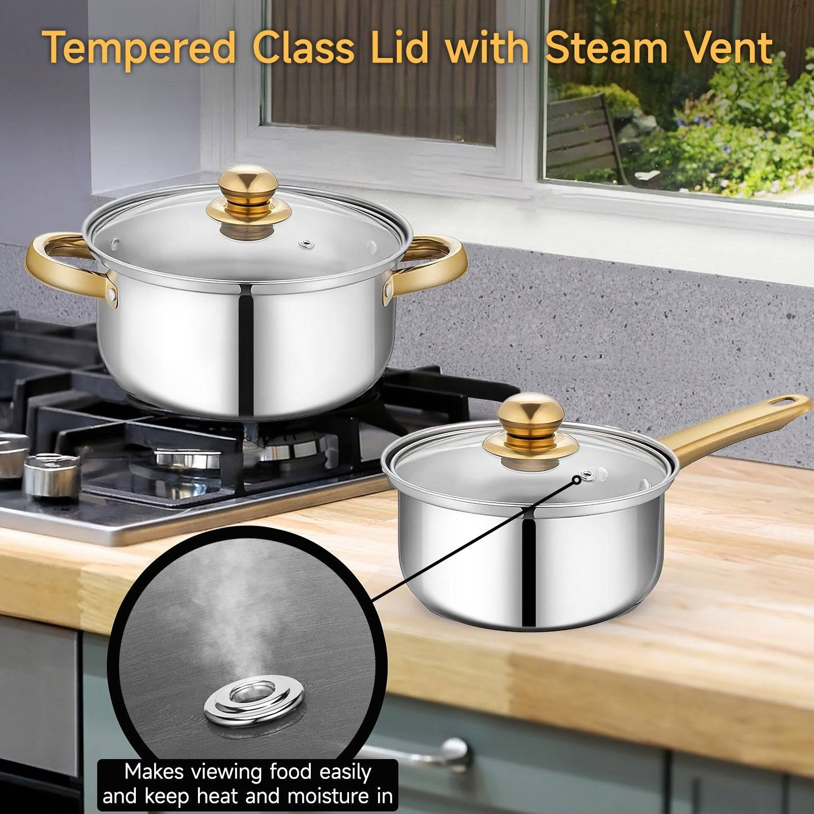 12-Piece Stainless Steel Cookware Set Pots & Pans with Stockpot, Saucepans & Frying Pans Glass Lids, Induction, Gas & Electric Compatible, Dishwasher Safe