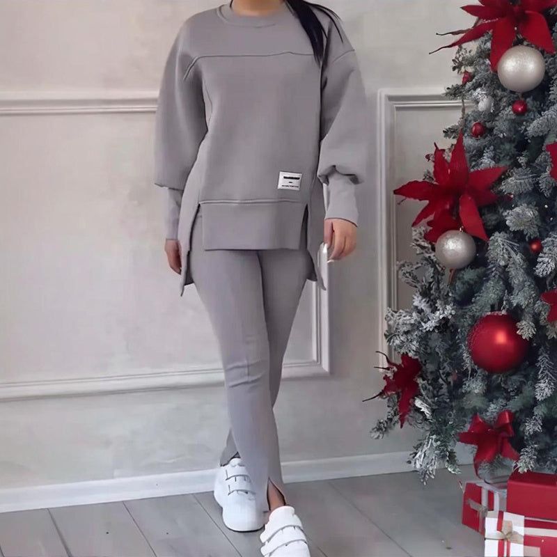 Women’s Solid Color Two Piece Set With Slit Hem Top