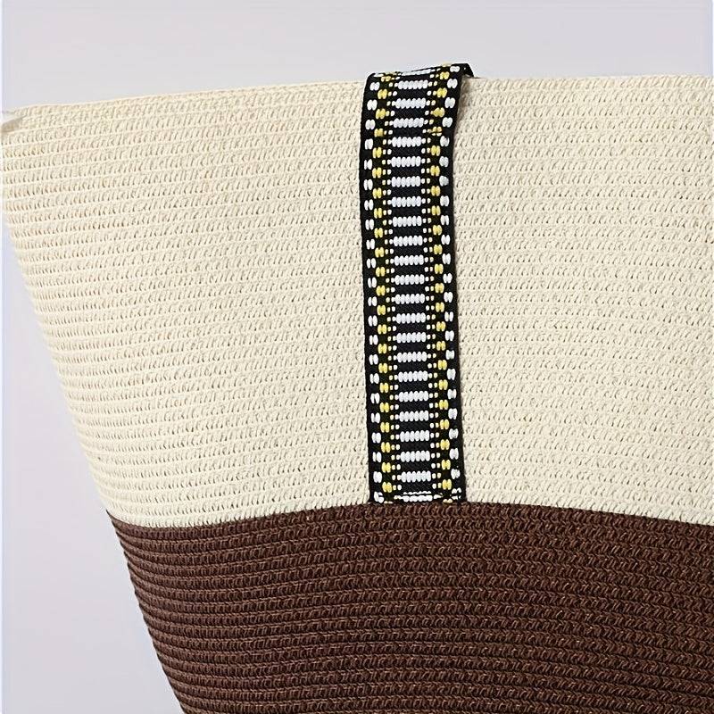 Zoomed-in view of handle stitching on cream and brown beach bag from the 2pcs Summer Travel Set, showcasing quality craftsmanship.