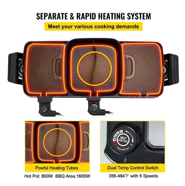 Electric Hot Pot 2in1 Grill Dual Thermostat Nonstick Combo
