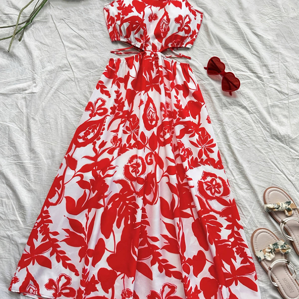 Women’s Elegant Vacation Dress – Strapless Square Neck Sleeveless A-Line Maxi Dress with Floral Print, Loose Fit
