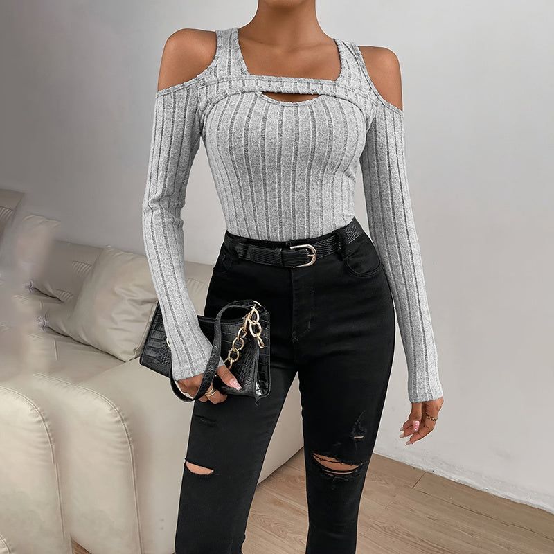 Women’s Ribbed Long Sleeved Top with Front Cut Out