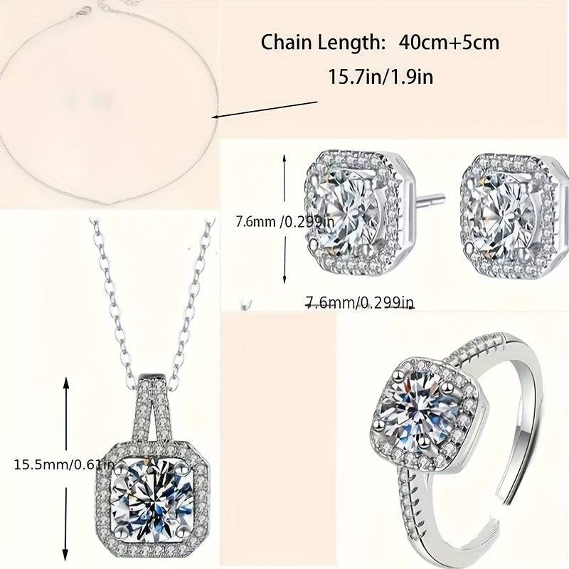 Women's 4-Piece Rectangular Zirconia Jewelry Set, Silver-Plated Earrings, Necklace and Ring, Elegant Luxury Gift for Weddings and Special Occasions