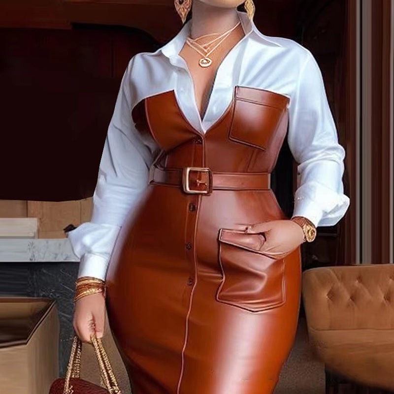 Women’s V-Neck Long Sleeve Shirt Dress Faux Leather Trim