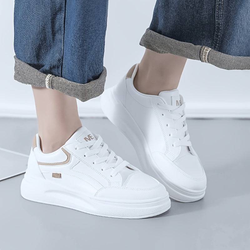 Women’s All-Season Lace-Up Sneakers – White Casual Shoes with Round Toe, Thick Platform Sole & Durable PVC Outsole