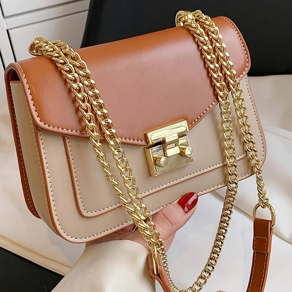 Women’s Mini Shoulder Bag – Beige Square Clutch with Gold Chain, Elegant for Parties & Travel