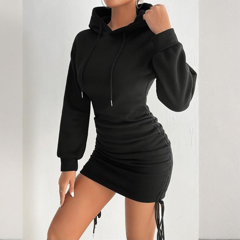 Hooded Bodycon Dress with Drawstring Ruched Detail