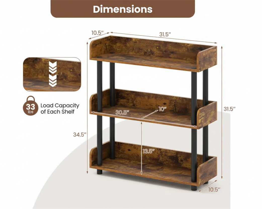 3 Tier Industrial Storage Rack Bookshelf with Guardrails