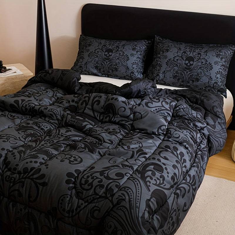 Gothic Skull Quilt Set 3-Piece – Black & Gray Baroque Comforter with Pillowcases, 180gsm Padded