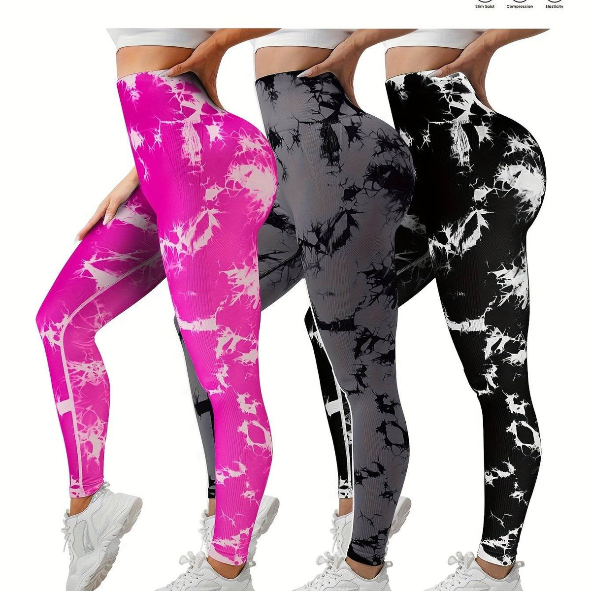 3-pack women’s seamless high-waisted tie-dye leggings, butt-lifting compression fit, multicolor 9/10 sports pants