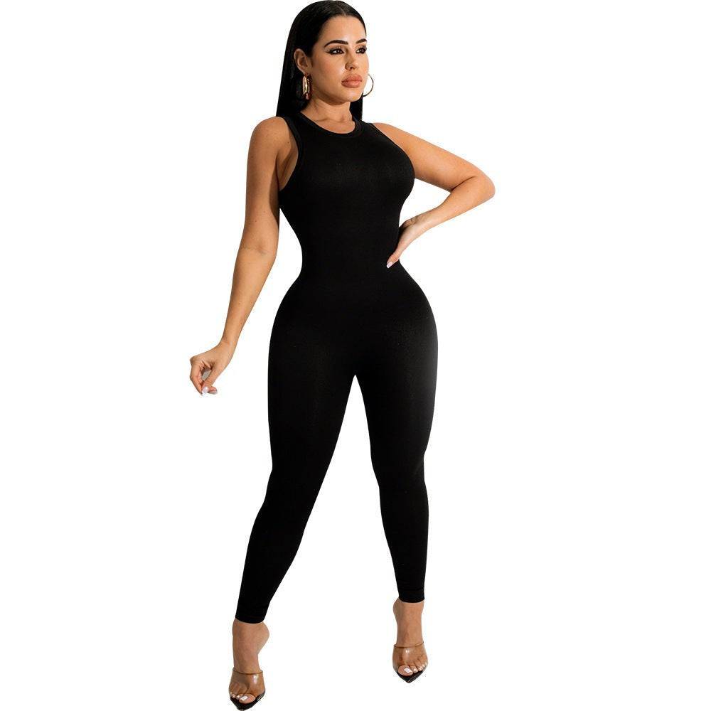 Women’s Casual Sleeveless Jumpsuit Slim Fit Mid Waist Zipper Polyester Spandex Blend Long Trousers