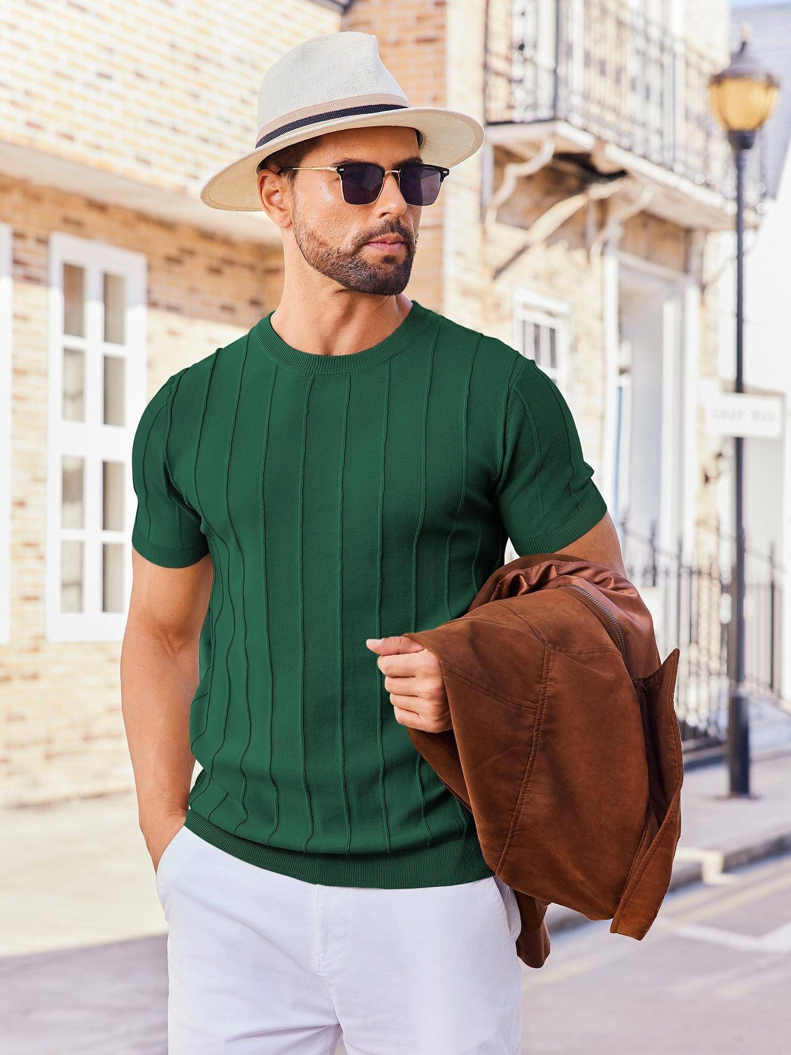 Men’s Casual Crew Neck T-Shirt 100% Viscose Knit Short Sleeve Ribbed Pullover Solid Color Medium Stretch Summer Top