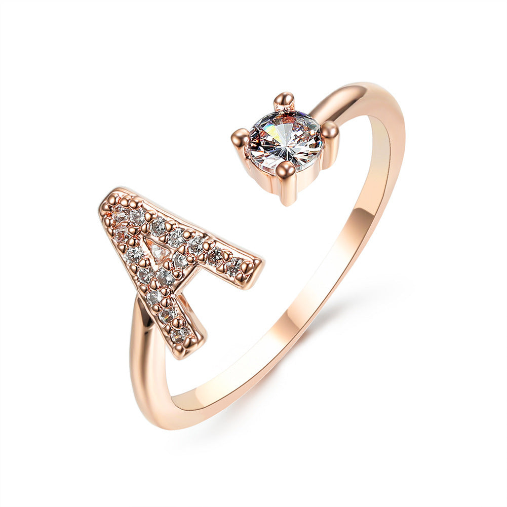 Anillo de letra ajustable con circonitas y diseño inicial de 26 para mujer