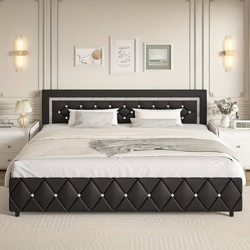 Upholstered Platform Bed Frame with Button Tufted Diamond Headboard, Padded Design, Wooden Slat Support, Easy Assembly
