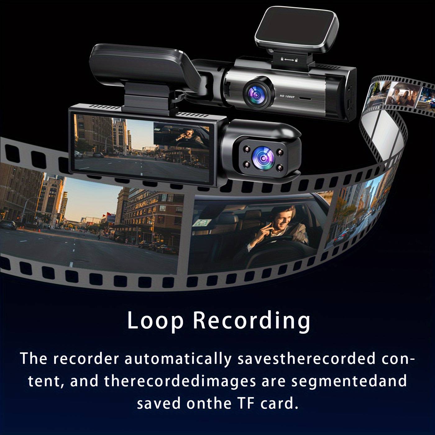 1080P dual dash cam with front and cabin cameras, IR night vision, loop recording, wide-angle lens, 3.16" IPS screen