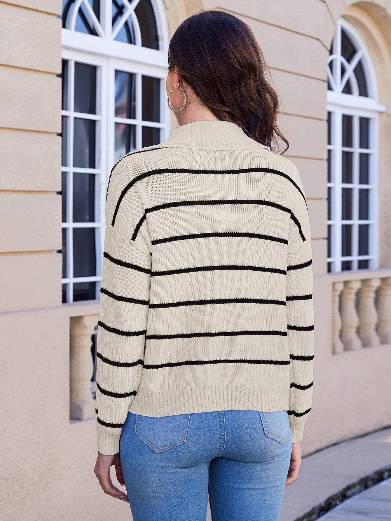Womens Striped V Neck Long Sleeve Knit Sweater
