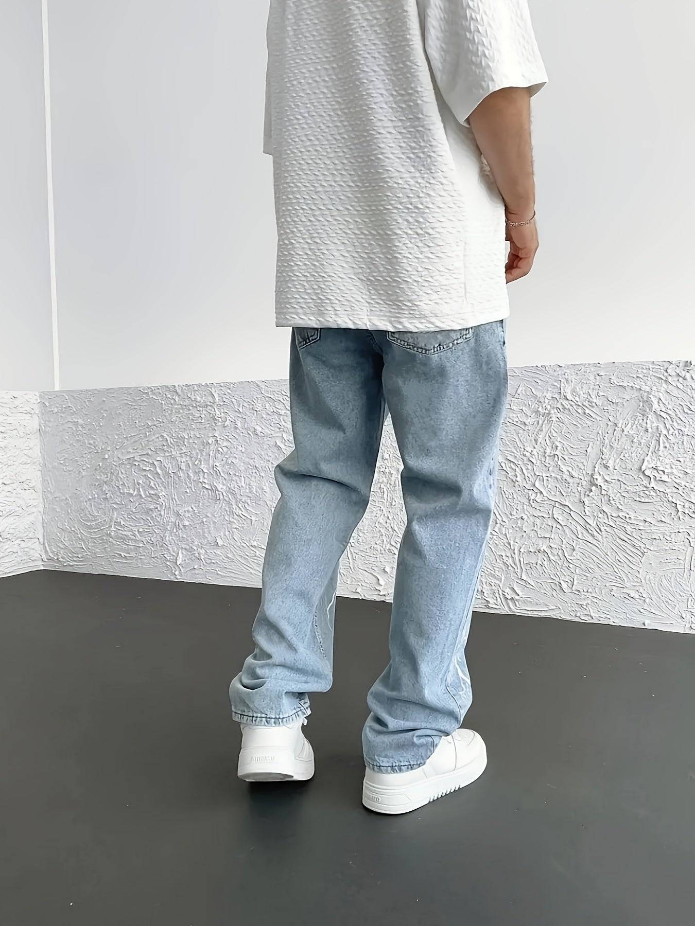 Men’s High-Street Lightning Bolt Jeans – Loose-Fit Straight-Leg Distressed Denim Pants, Raw Wash Non-Stretch Casual Wear