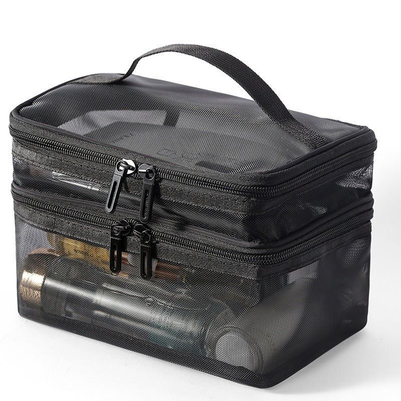 2pcs Travel Toiletry Bags Double Layer Mesh Yarn Portable Large Capacity Cosmetic Storage Organizer Black and Grey