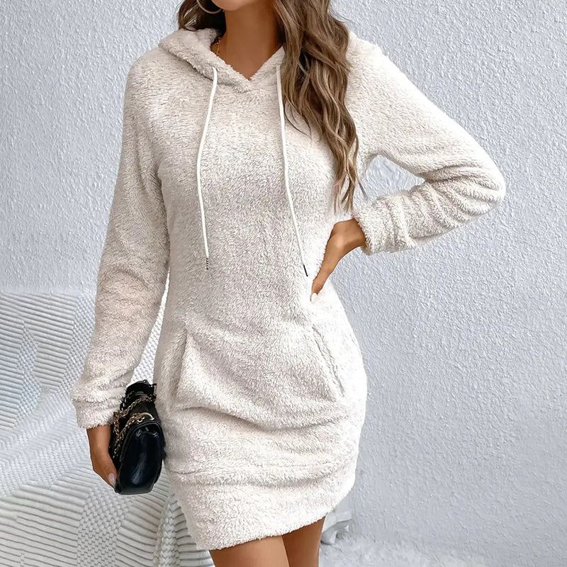 Fuzzy Hoodie Dress With Slim Fit And Front Pocket