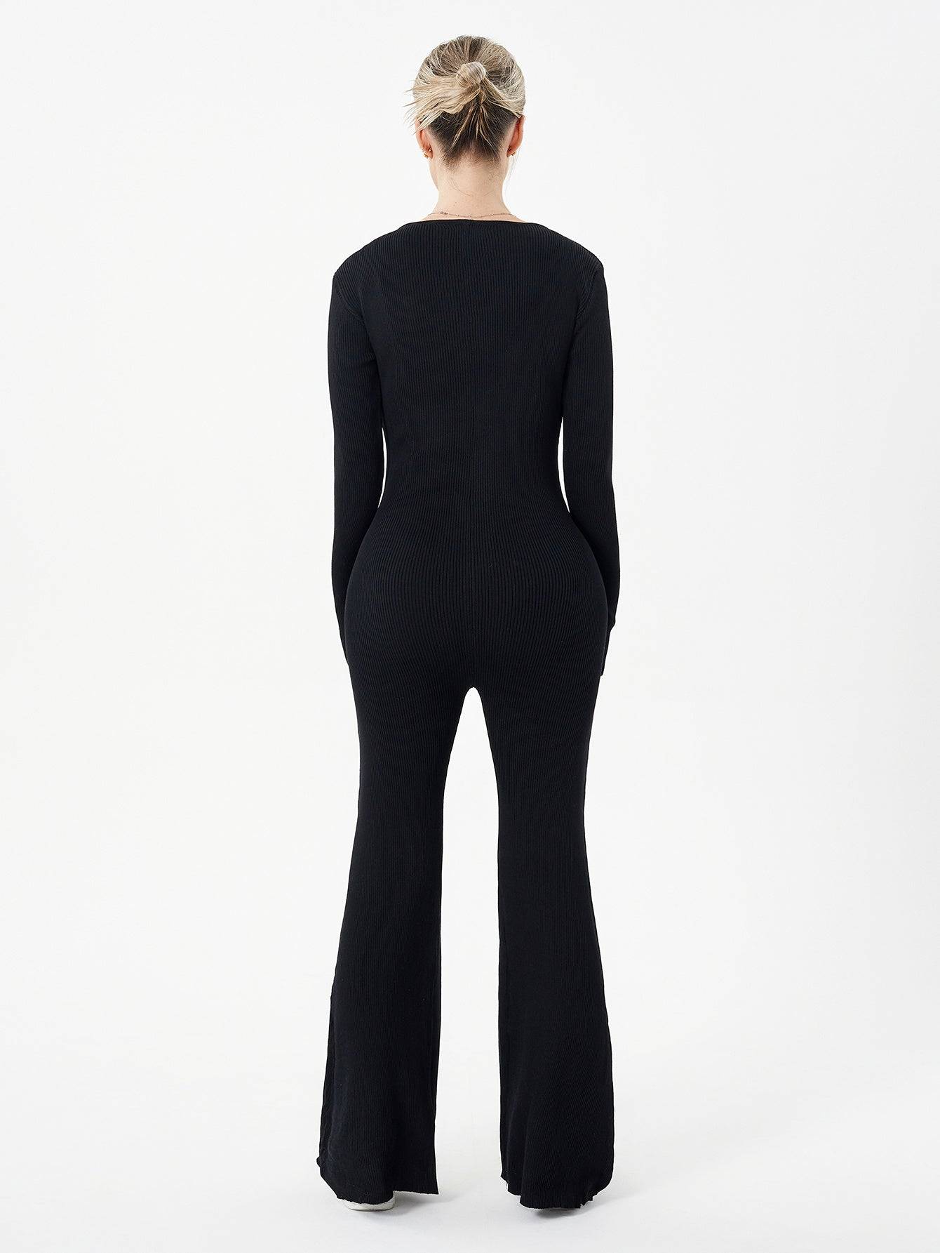Women Jumpsuit Two Piece Zipper Top Flared Trousers Set