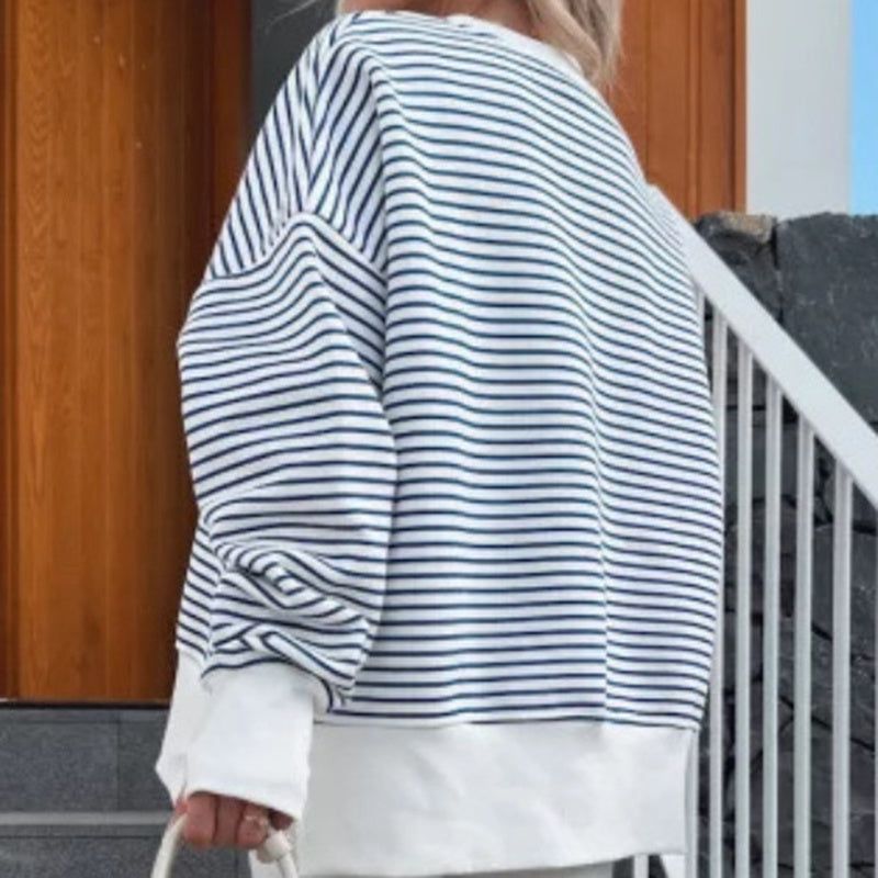 Striped Long Sleeve Sweatshirts with Side Slit Design