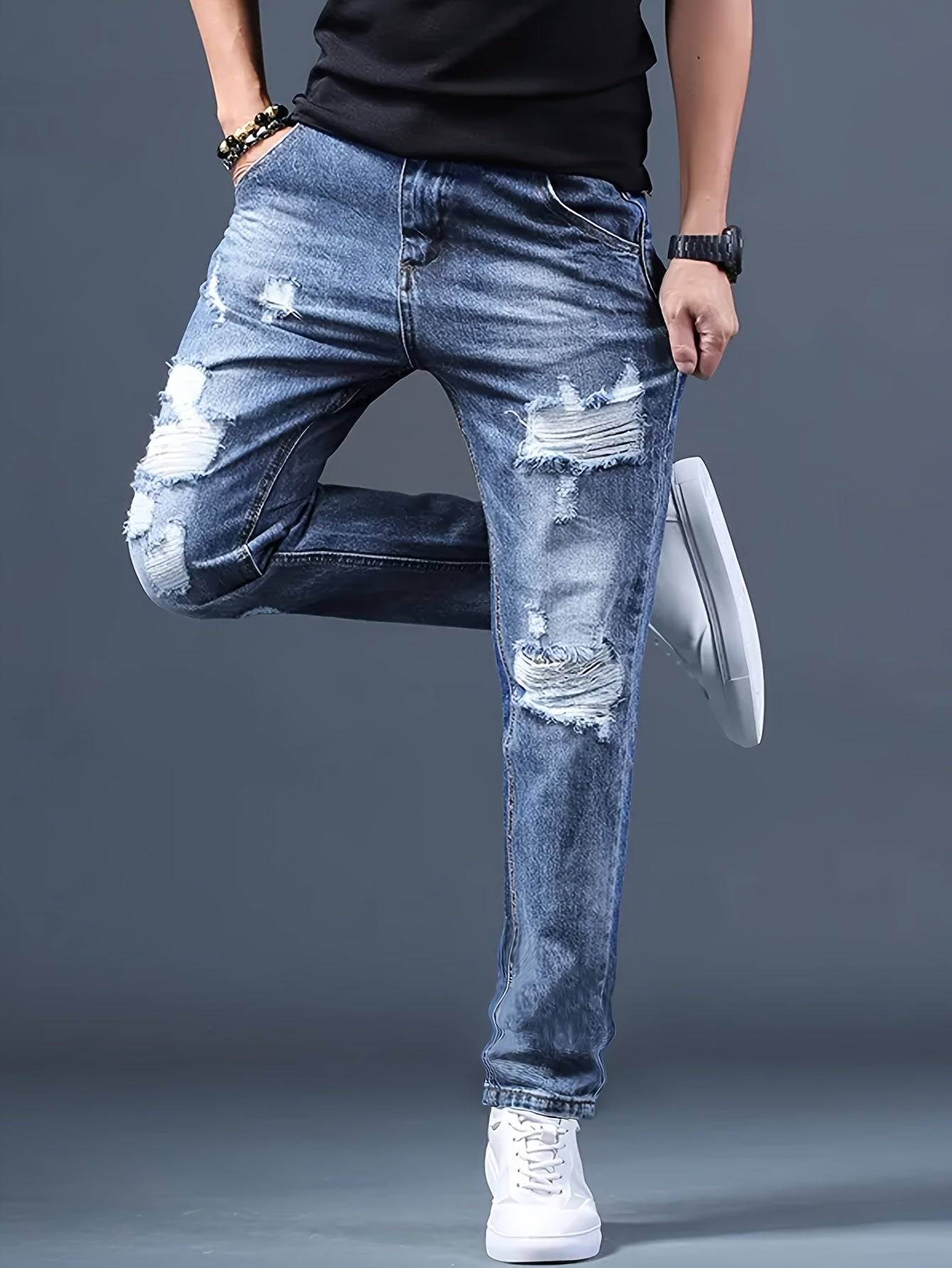 Men’s Straight Leg Ripped Jeans Non-Stretch Denim Frayed Hem Blue Street Style for All-Season Wear