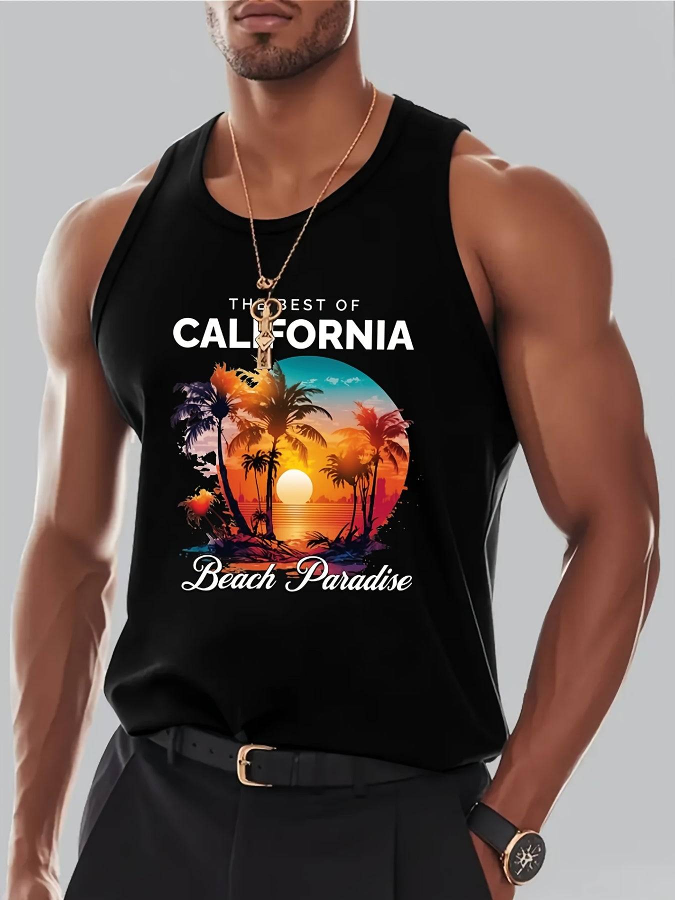 Men’s Sleeveless Tank Top Cotton Comfort California Beach Sunset Print Loose Fit for Gym & Summer