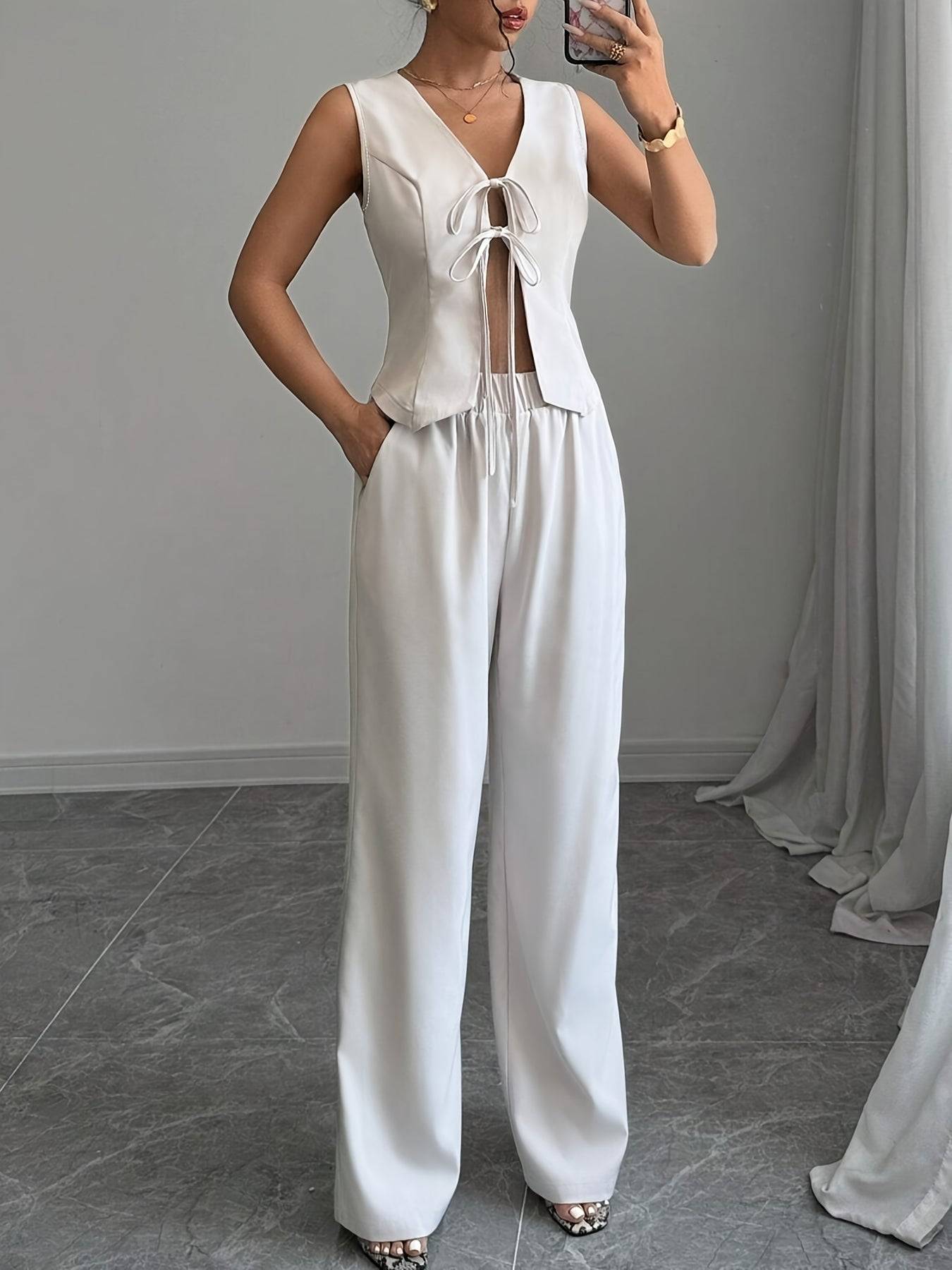 Women’s Elegant Sleeveless Blazer & Wide-Leg Pantsuit, Chic Solid Color Polyester Outfit for Summer Office Wear & Semi-Formal Style