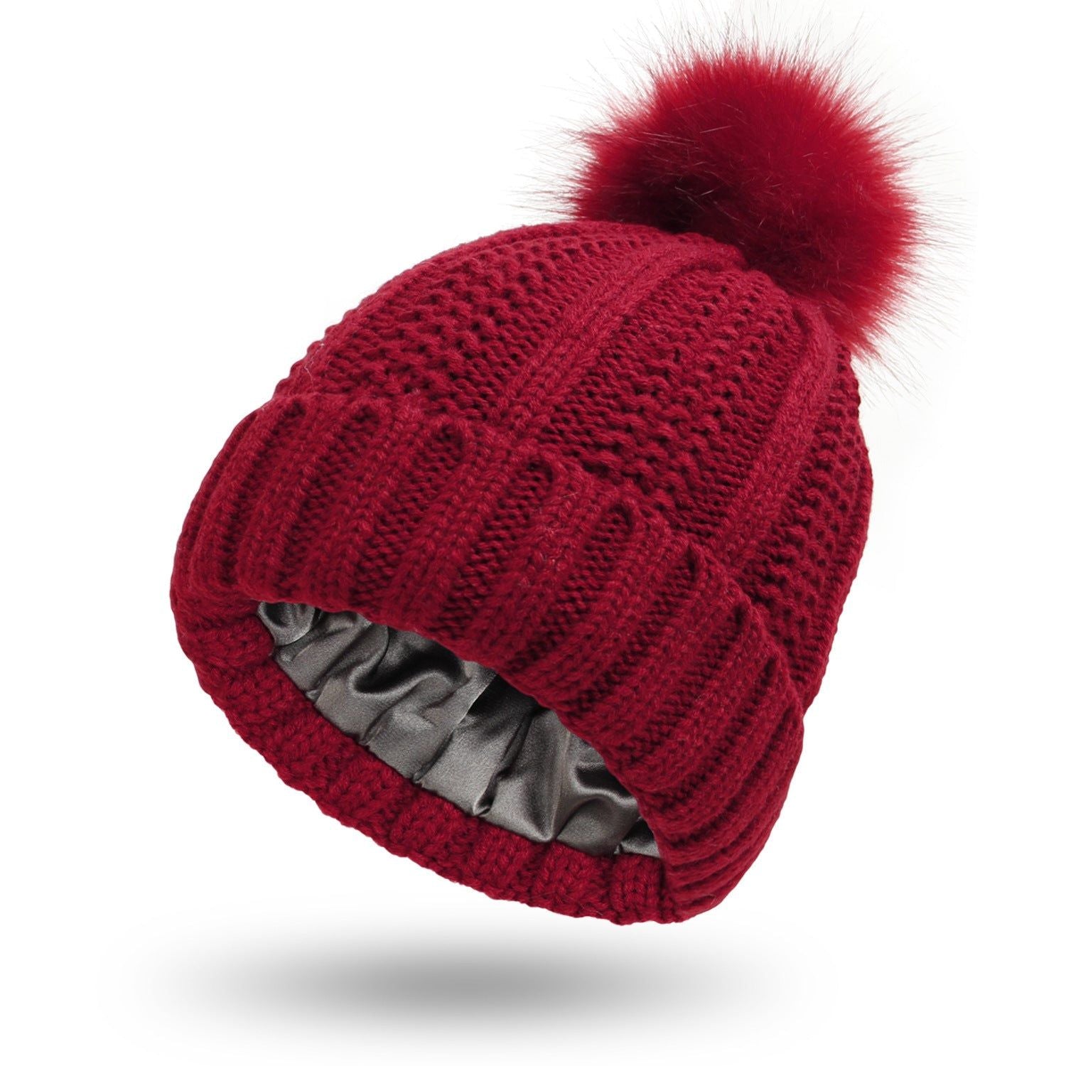 Womens Winter Hat Satin Lined Knit Beanie with Fur Pom