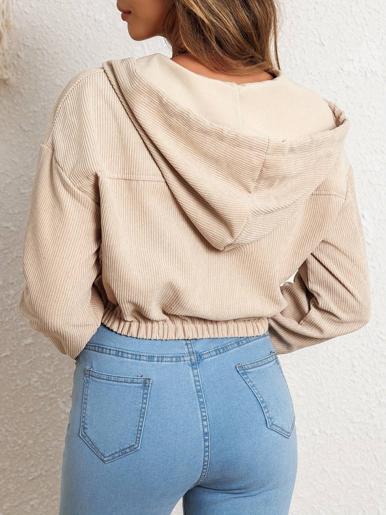 Women’s Short Corduroy Hooded Jacket Drop Shoulder with Drawstring & Zipper Fall/Winter Casual & Chic Wear