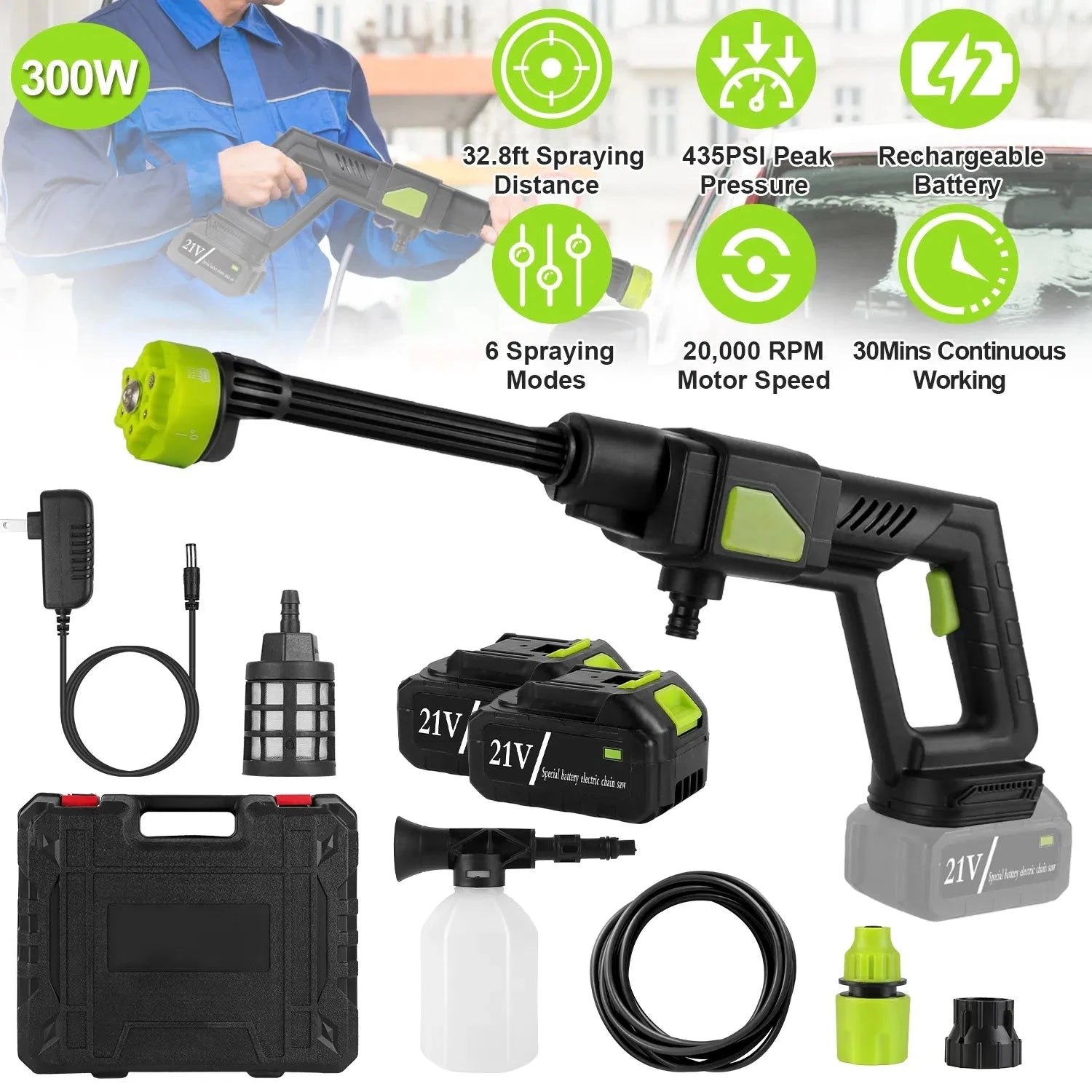Portable Cordless Pressure Washer 21V with 6 in 1 Nozzle