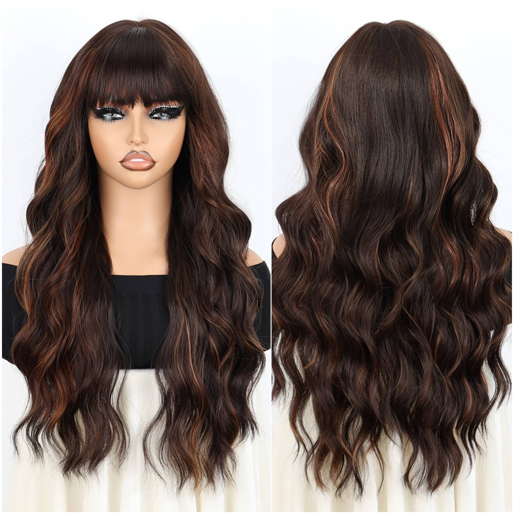 Synthetic Wig for Women Heat-Resistant Long Beach Waves with Blunt Bangs Voluminous Curly Hairpiece with Adjustable Cap for Weddings, Parties & Daily Wear