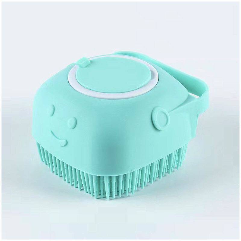 Dog and cat bath brush with shampoo dispenser, soft silicone bristles, ideal for long and short hair during shower