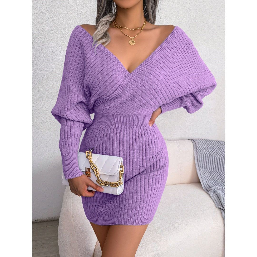 Dress Acrylic Bodycon Mini Cross V Neck Batwing Sleeve