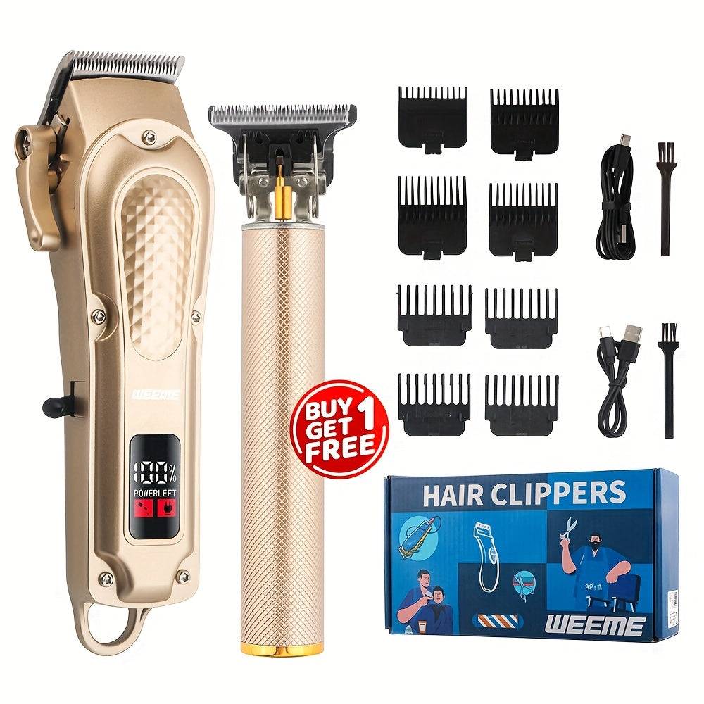Gold edition Men’s Cordless Hair Clipper Set 3-in-1 Grooming Kit with trimmer, clipper, combs, USB cables, and gift box labeled 'Buy 1 Get 1 Free'.