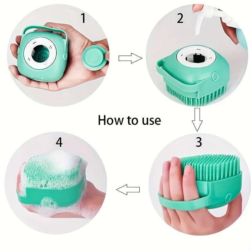 Dog and cat bath brush with shampoo dispenser, soft silicone bristles, ideal for long and short hair during shower
