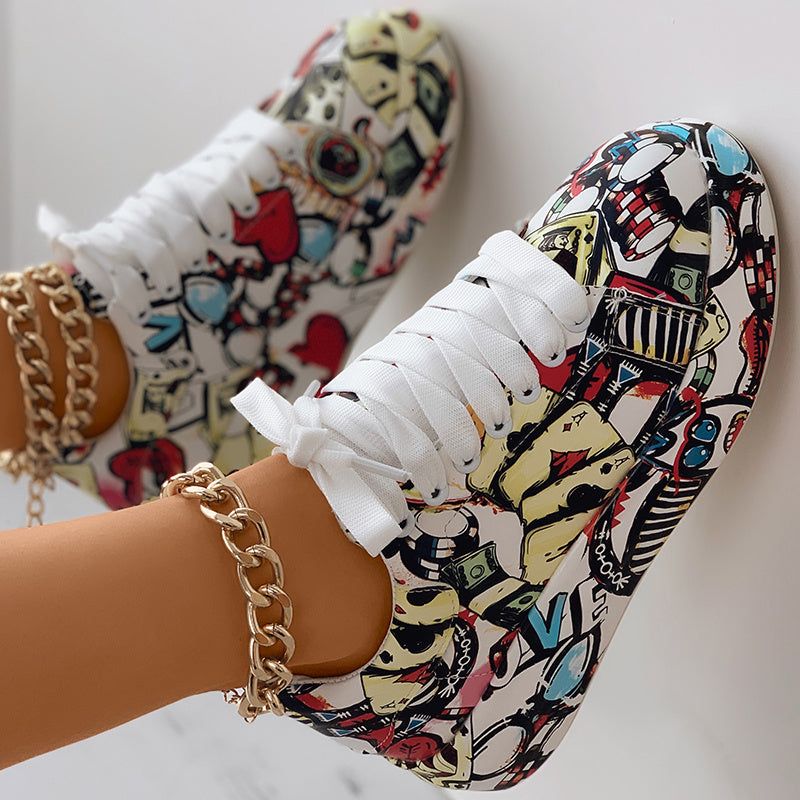 Casual Lace Up Sneakers with Thick Sole and Print Design