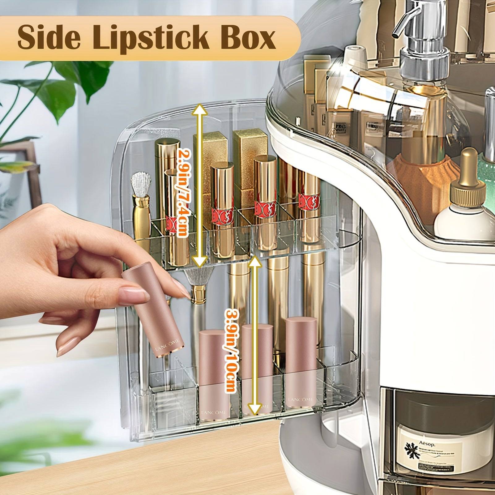 Side lipstick box feature in Makeup Storage Organizer with Clear Lid, offering organized storage for lipsticks and small beauty items.