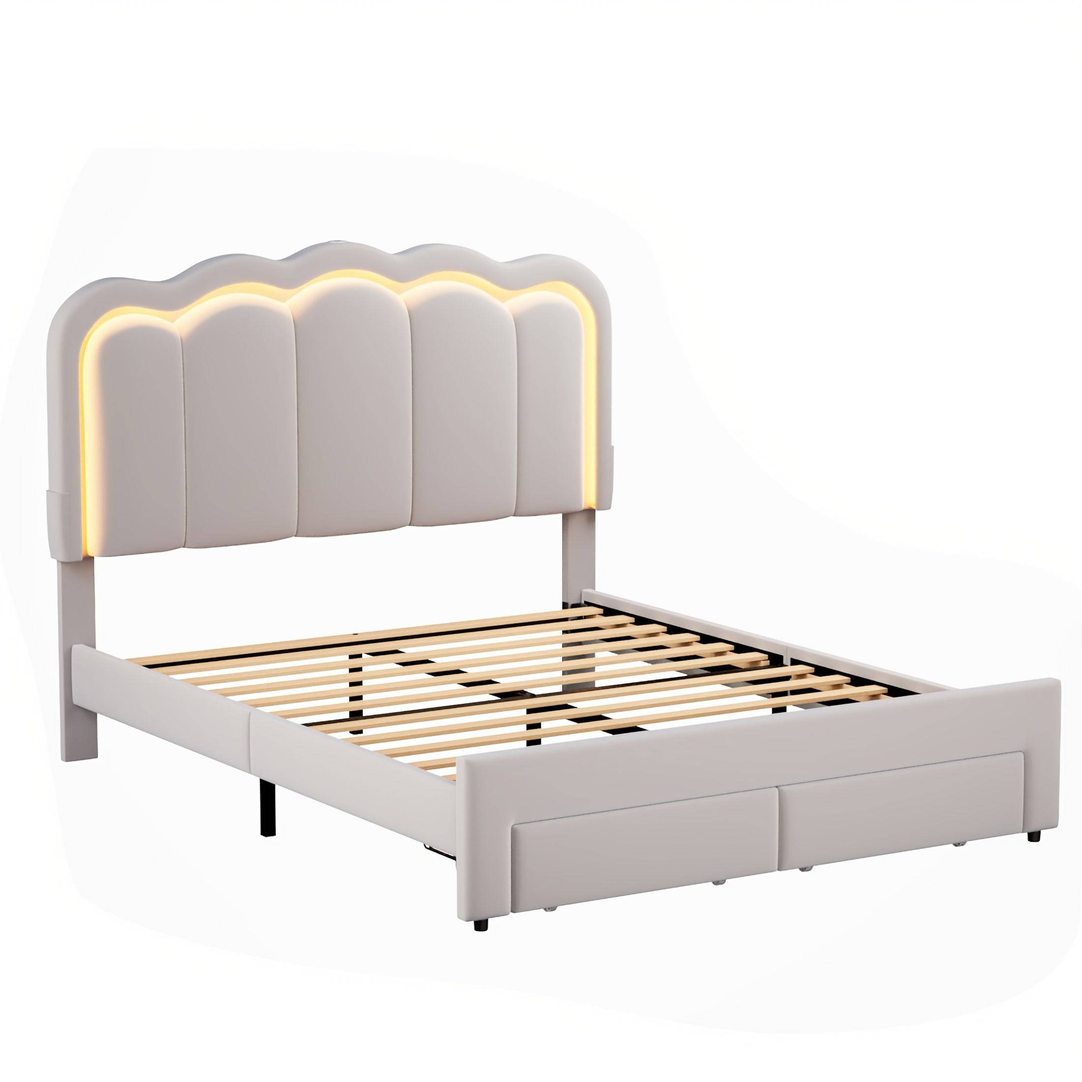 Queen Size Upholstered Platform Bed with Storage Drawers, Adjustable Headboard, Hardwood Frame, Modern Light Gray Design