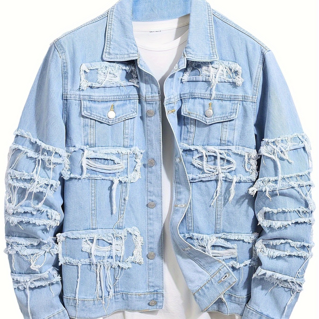 Men’s Ripped Denim Jacket Slim Fit Blue Jean Outerwear Casual Streetwear Coat