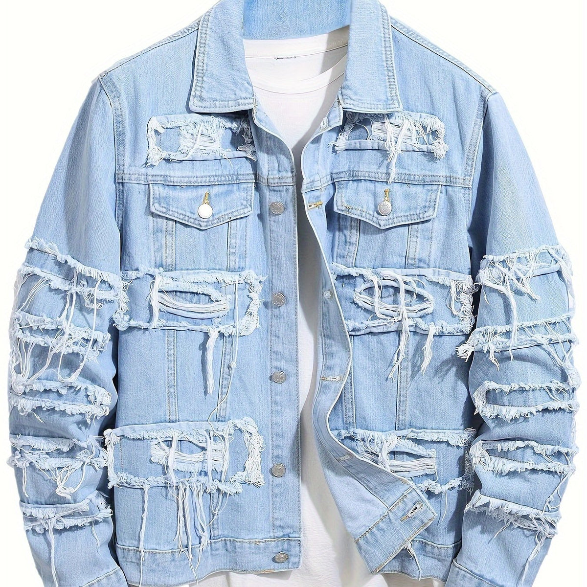 Men’s Ripped Denim Jacket Slim Fit Blue Jean Outerwear Casual Streetwear Coat