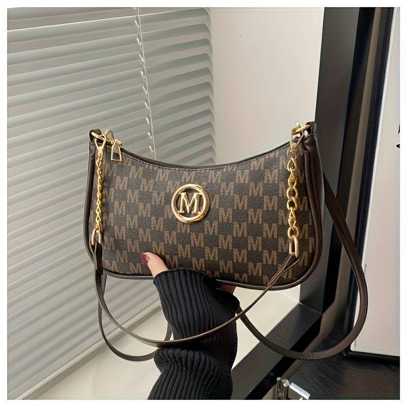 Women’s Vintage Crossbody Bag – Checkered Print, Gold Accents, Detachable Chain, Black & White