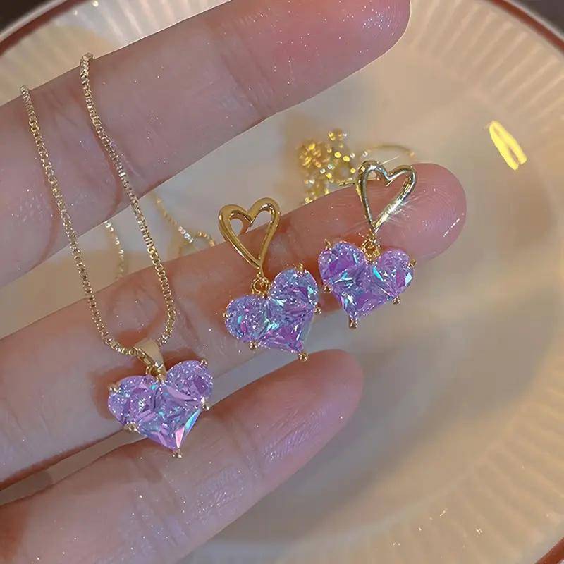 Women's 3-Piece Pink Heart Jewelry Set, Y2K-Inspired Earrings and Necklace with Sparkling Bling Design, Perfect for Parties and Daily Wear