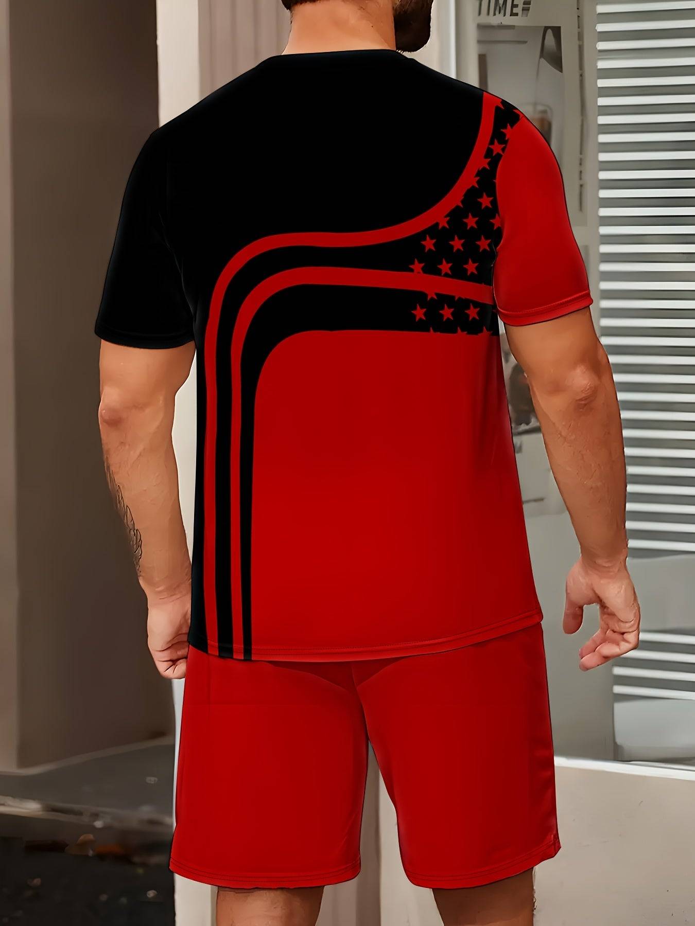 Back view of Men’s Quick-Dry Summer Set showing breathable fabric and bold red-black color block with star accents, ideal for summer sports.