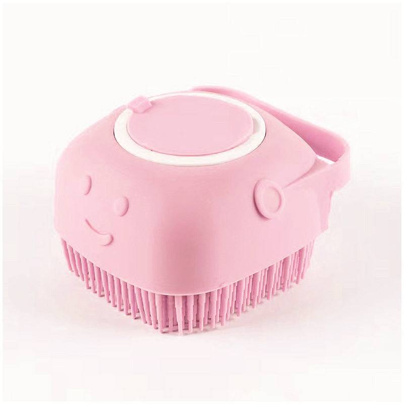 Dog and cat bath brush with shampoo dispenser, soft silicone bristles, ideal for long and short hair during shower