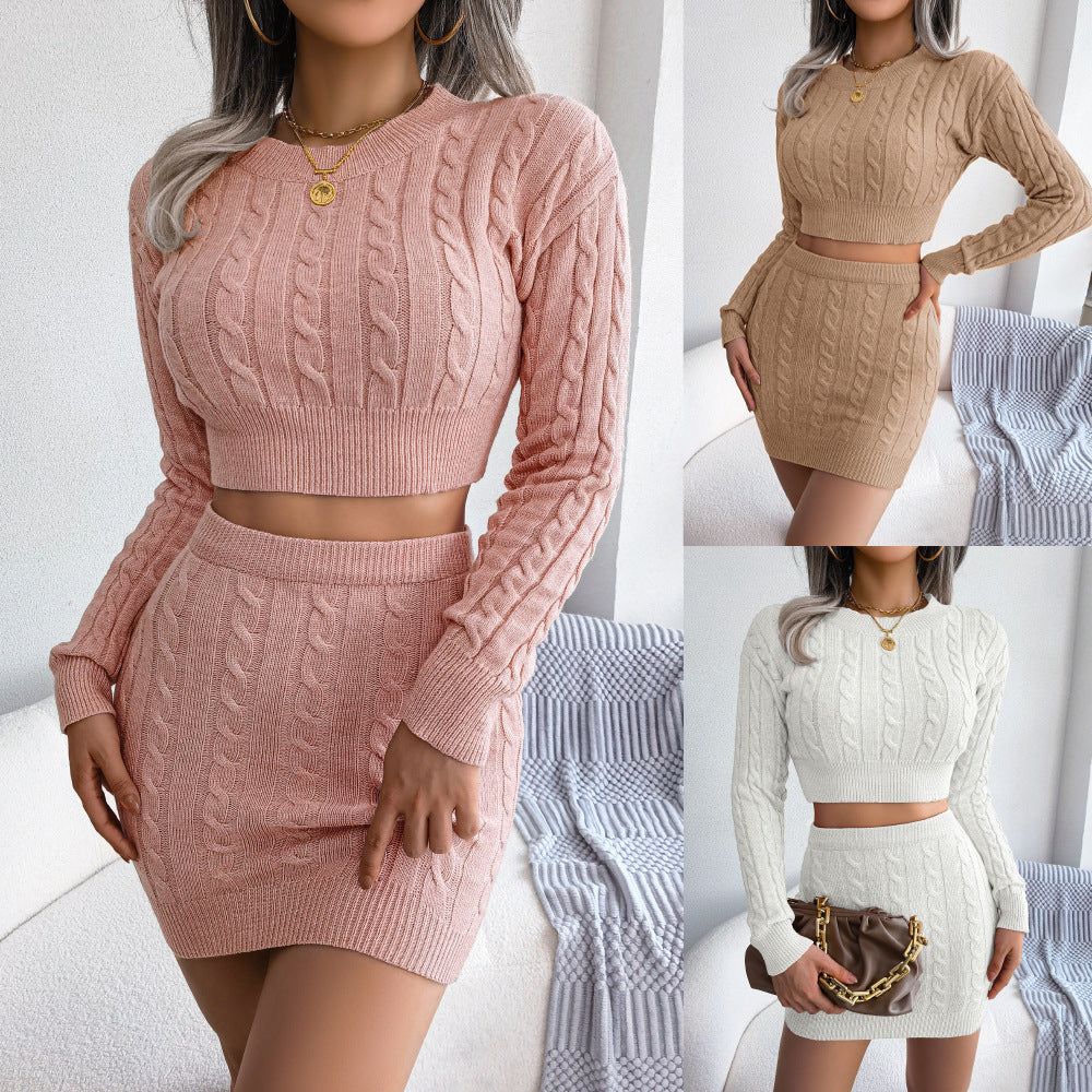 Women’s Knit Two-Piece Set Twisted Crop Sweater and Bodycon Skirt Casual Matching Outfit