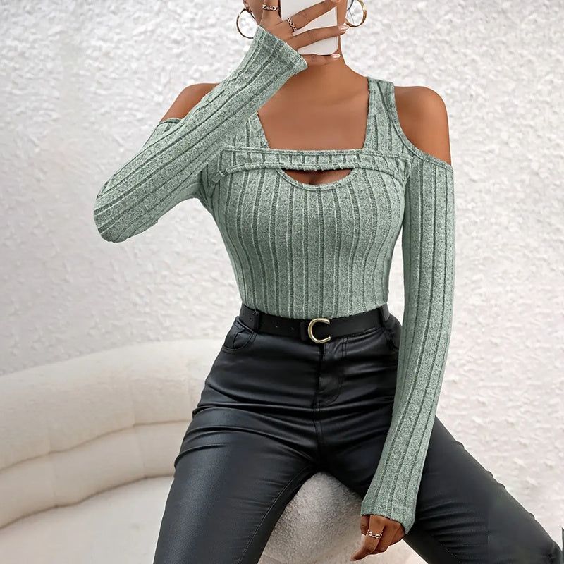 Women’s Ribbed Long Sleeved Top with Front Cut Out