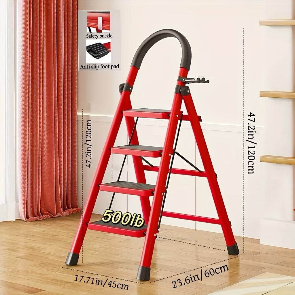 Heavy-Duty Folding Ladder 500 lbs Capacity, Steel Step Stool with Anti-Slip Pedals, Safety Buckle and Non-Slip Foot Pads for Home Use
